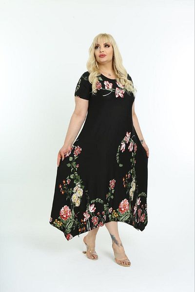 Şirin Butik Women's Black Asymmetrical Cut Flower Patterned Viscose Plus Size Dress