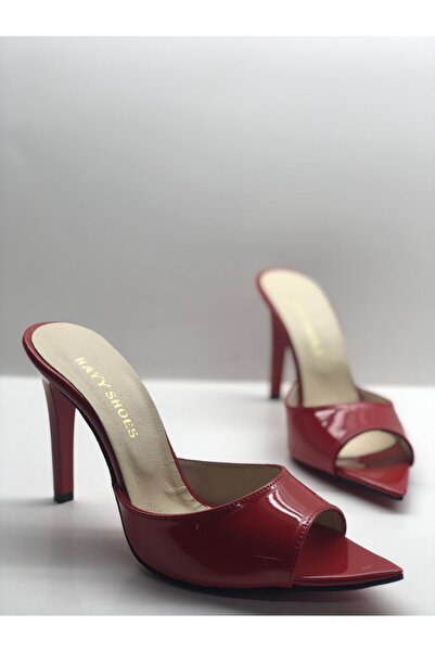 HAYYSHOES Kadın Kırmızı Hakiki Deri Astarlı Topuklu Terlik