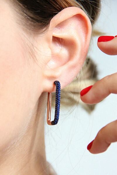 Argentum Concept 925 Ayar Gümüş Yarım Tur Lacivert Taşlı Dikdörtgen Küpe - K0...