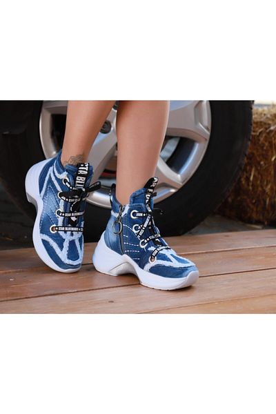 StarBlueMooN Women's Blue Lace-up Denim Boots