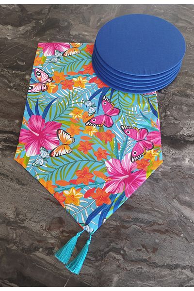 dehaberk Floral Butterfly Pattern Runner + 6 Pieces Saks Blue Placemat Set