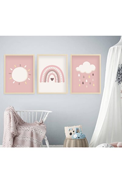 Ya&mu Tablosetleri 3 Adet 33 X 44cm Büyük Boy Ahşap Çerçeveli Bebek, Çocuk Odası Tablo Seti