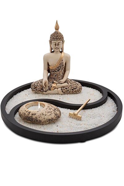 Gift Garden Buda Figürlü Yin-yang Sembolü Ve Mumluk Biblo Büyük Gold-beyaz