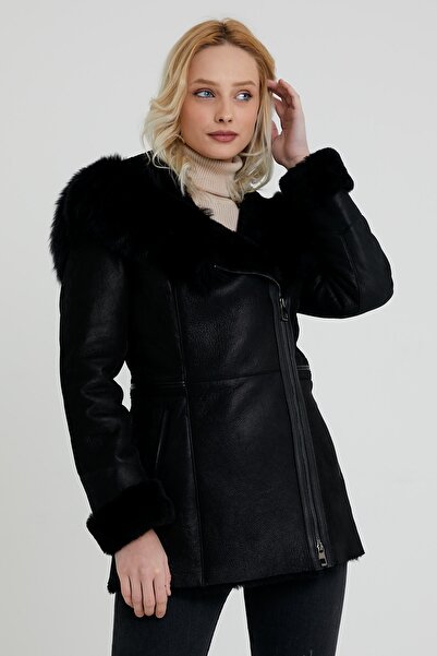 nero leather fur Kapüşonlu Napa Kaban