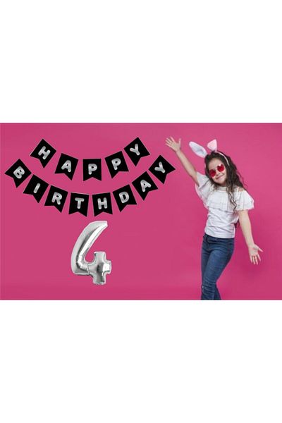 Ekin Süs Ασημένιο πανό Happy Birthday με μπαλόνι 4 ετών