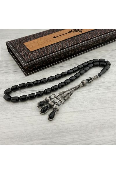 Tesbihsepetim Black Tasseled Kazaz - Fire Amber Prayer Beads, Capsule Cut
