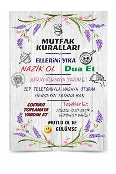 Vice Beyaz Ahşap Ve Leylak Temalı Mutfak Kuralları Pvc Levha (30 X 42 Cm)
