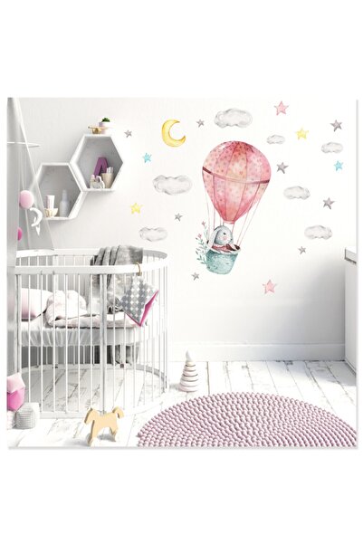 Sticker Sepetim Iepure drăguț, nor și stele într-un balon zburător, autocolan...