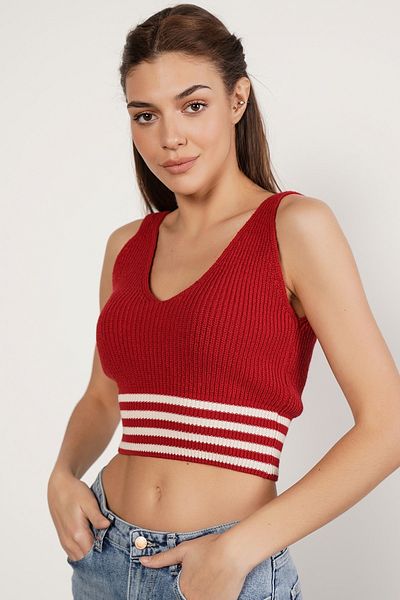 Trist Star Red 100% Organic Cotton Lycra Crop Knitwear Athlete Knitted Blouse