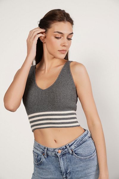 Trist Star Gri închis 100% bumbac organic Lycra Crop Tricoturi Bluză tricotată pentru sportivi