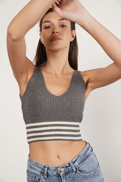 Trist Star Gri închis 100% bumbac organic Lycra Crop Tricoturi Bluză tricotată pentru sportivi