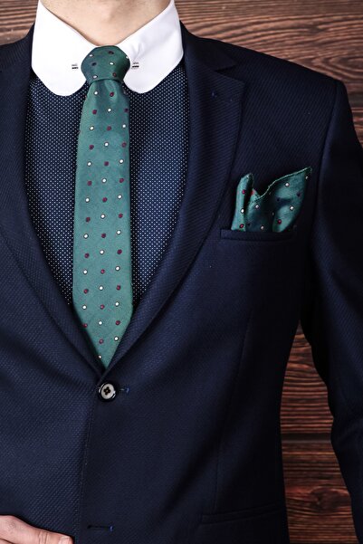 BZN Erkek Yeşil Puantiyeli Mendilli Kravat