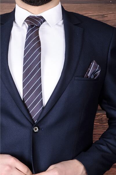 BZN Erkek Lacivert Desenli Mendilli Kravat