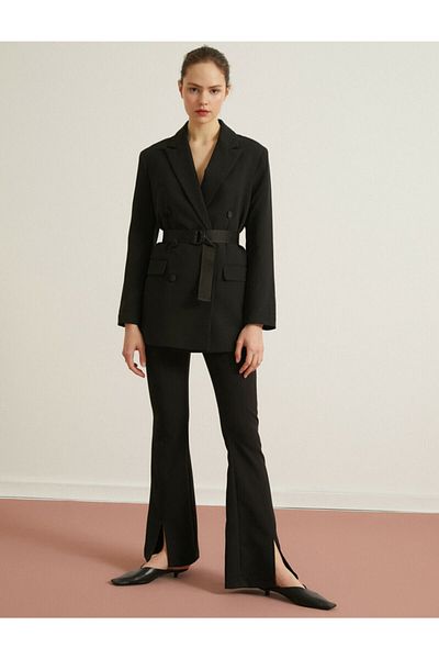 Koton Women's Black Wide Leg Slit Detailed Trousers