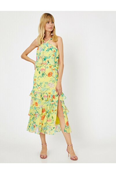 Koton Damenkleid mit gelbem Kragen und detailliertem, ärmellosem, gerüschtem Midi-Muster