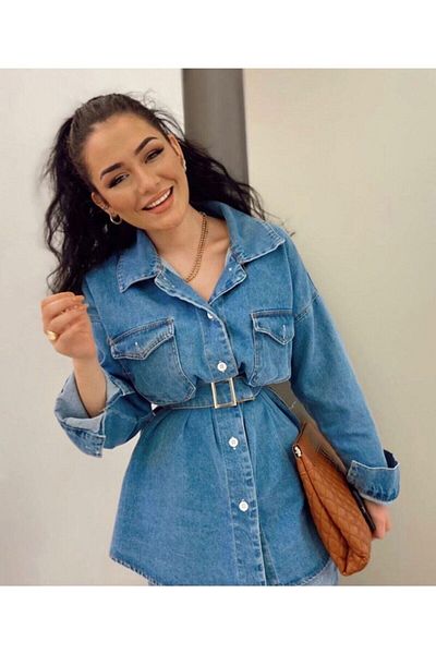 lurex moda Jachetă de damă din denim cu centură albastră