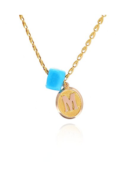 PRENSES PIRLANTA Kadın 14 Ayar Altın Pullu Zincir Firuze Taşlı Harfli Kolye