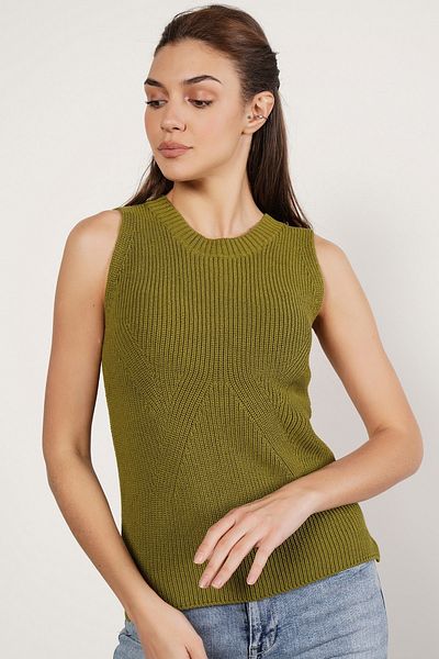 Trist Star Olive 100% Organic Cotton Thessaloniki Knit Slit Crew Neck Knitwear Sweater Blouse