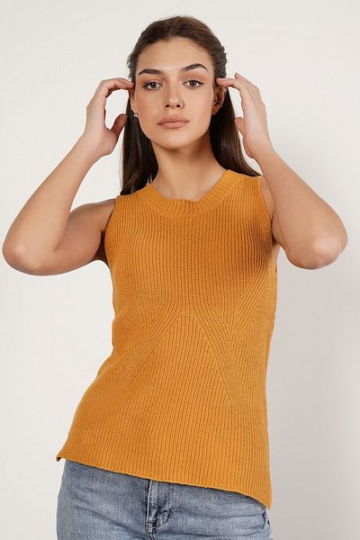 Trist Star Yellow 100% Organic Cotton Thessaloniki Knit Slit Crew Neck Knitwear Sweater Blouse
