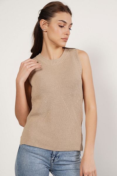 Trist Star Beige 100% Organic Cotton Thessaloniki Knit Slit Crew Neck Knitwear Sweater Blouse