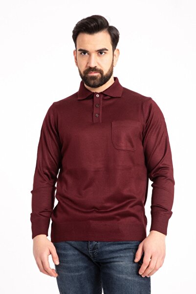 NACAR STORE Men's Burgundy Thin Wool Knitwear Knitted Polo Neck Dad Sweater