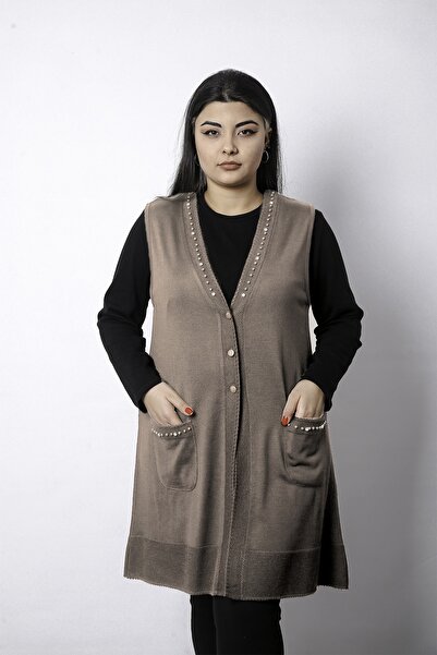 Laden Γυναικείο Πλεκτό Γιλέκο Ανοιχτό Μπεζ Μεγάλο Μέγεθος με Πέρλες