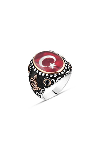 AMBERKAN Mineli Türk Bayraklı Erkek Yüzük