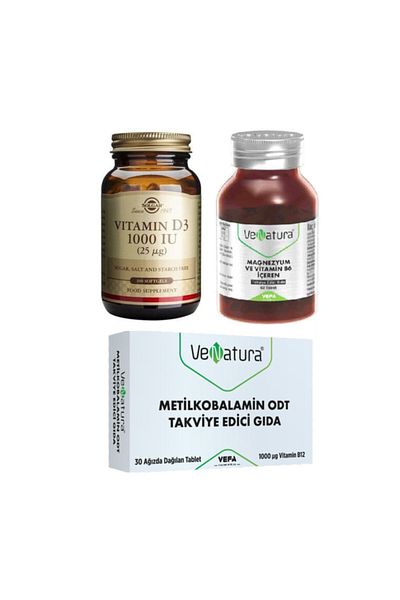 VeNatura Magnesium and Vitamin B6 60 Tablets + Vitamin B12 Methylcobalamin 30 T. + Solgar Vitamin D3 100 Capsules