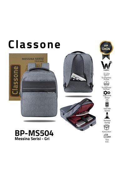 Classone Messina Bp-ms504 15.6 بوصة قماش مقاوم للماء وسحاب، كمبيوتر محمول، كمبيوتر محمول، حقيبة ظهر - رمادي