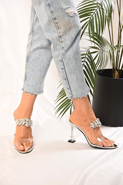 Shoeberry Women's Silver Silver Mirrored Classic Heeled Rhinestone Slippers