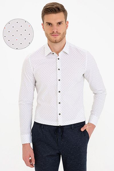 Pierre Cardin Λευκό Ex με Χακί Λεπτομέρεια Πουκάμισο Slim Fit