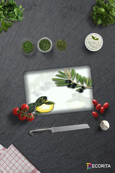 Decorita Olive and Lemon Pattern |   Glass Cutting Board - Glass Cutting Board |   20cm X 30cm