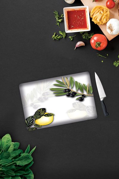 Decorita Olive and Lemon Pattern |   Glass Cutting Board - Glass Cutting Board |   20cm X 30cm