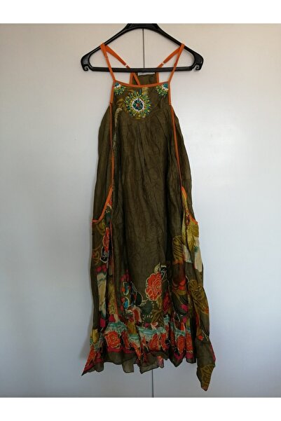 Butik Tülin Otantik Pamuk Haki Çok Renkli Desenli Nakışlı Elbise