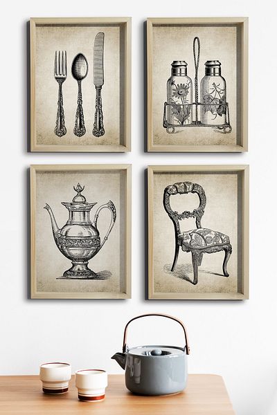 Dekor Loft Sufragerie din lemn natural Set de pictură antică din 4 piese