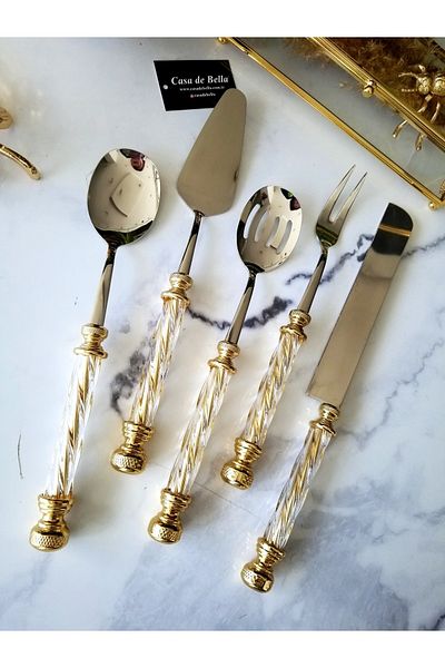 CASA DE BELLA طقم تقديم بمقبض ذهبي منقوش بالكريستال مكون من 5 قطع