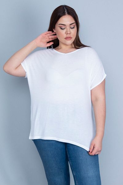 Şans Women's Large Size Bone Thin Viscose Fabric V-Neck Low Sleeve Blouse 65n23663