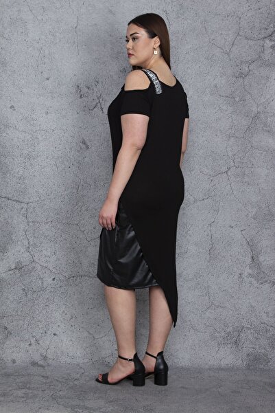 Şans Rochie de talie mare pentru femei, cu piatră neagră și piele artificială, cu croială asimetrică detaliată 65n23763