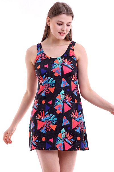 MOON SAND Aykum Women's Black Patterned Lycra Combined Dress Swimsuit
