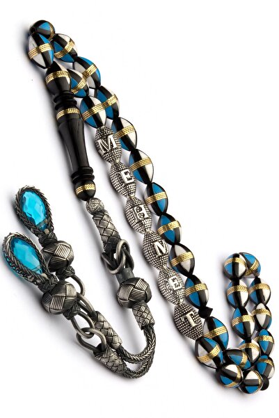 OTTOTESBİH Gümüş Kazaz Püsküllü Gümüş Harfli 7x11mm Mavi Mine Işlemeli Kuka Tesbih