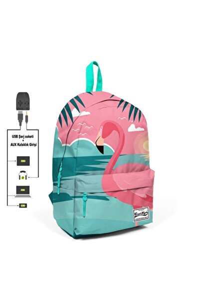 Coral High Yeşil Mercan Flamingolu Usb li Sırt Çantası