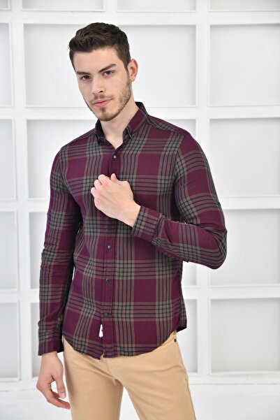 FBI Bej Erkek Keten Ekoseli Çıtçıtlı Katlamalı Kol Yaka Düğmeli Gömlek F6027