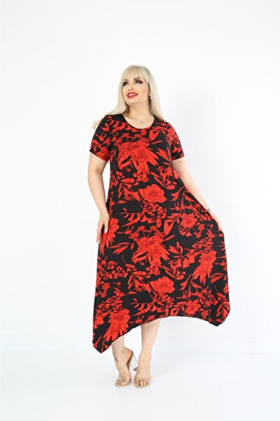 Mezura Plus Size Women's Relaxed Cut Patterned Short Sleeve Asymmetrical Viscose Combed Cotton Dress