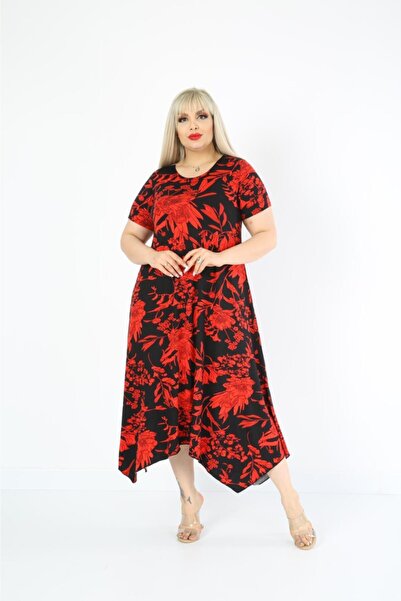 Mezura Plus Size Women's Relaxed Cut Patterned Short Sleeve Asymmetrical Viscose Combed Cotton Dress