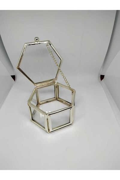 CAM KUTU DÜNYASI Decorative Hexagon Glass Box Silver 7x7x4 Cm