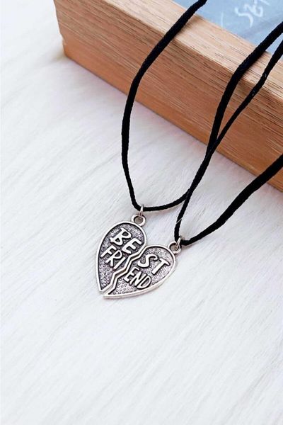 AlpCollection Gray Heart Best Friends Double Leather String Metal Gift Necklace Jewelry