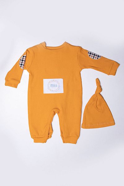 Mika Bebek & Çocuk Plaid Patterned Baby Boy Ribbed Fabric Mustard Jumpsuit with Hat