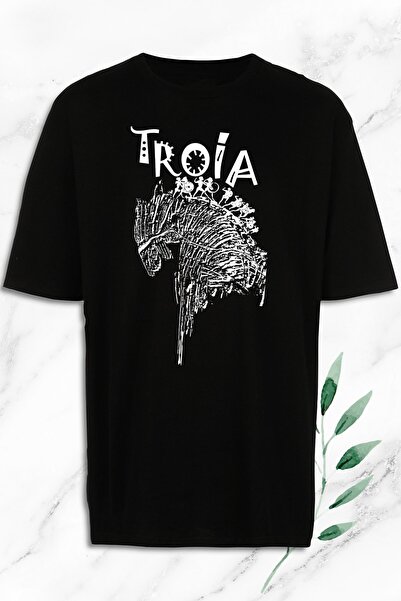perseusshopping Unisex crna Oversize kroj Mitološka majica Trojanski konj Šta...