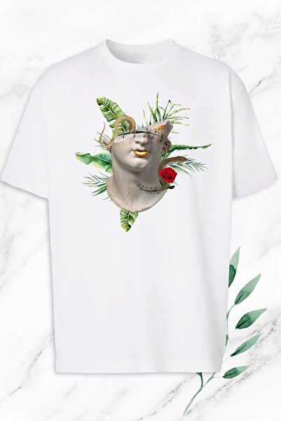 perseusshopping Unisex bela Oversize kroj mitološka skulptura Štampano majica