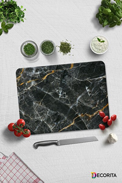 Brown Detailed Black Marble Look | Glass Cutting Board - Glass Cutting Board | 30cm X 40cm